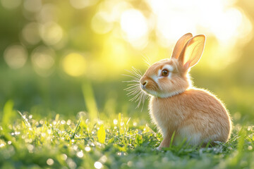 Fototapeta premium A cute brown rabbit sits in a green, dewy meadow, basking in the warm golden sunrise light, creating a serene and picturesque scene.