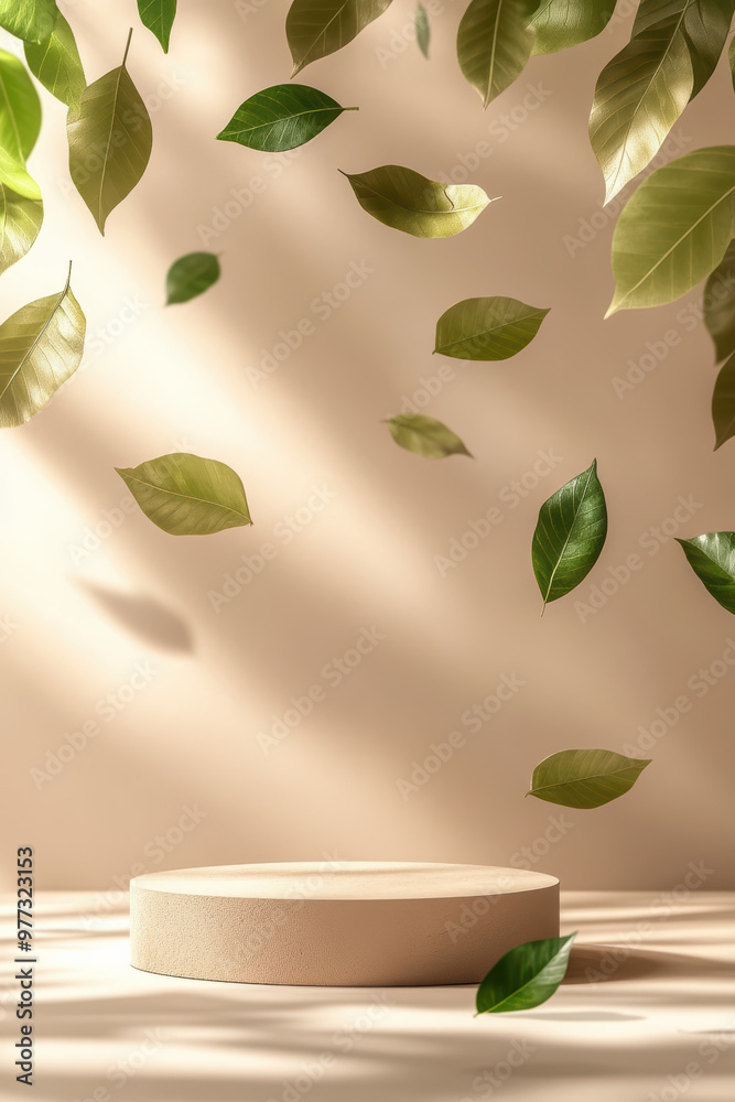 Wall mural floating green leaves cast shadows on a beige background with an empty podium, creating a serene and