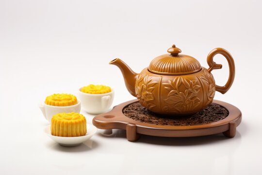 Delicious Chinese Mooncakes (Geppei) with Teapot at Table for Mid-Autumn Festival Photo.