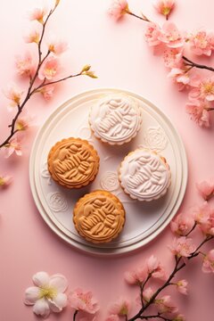 Mid-Autumn Festival Mooncakes (Geppei) on Plate Surrounded by Pink Blossoms at Table Top Photo.