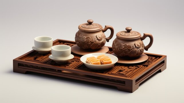 Delicious Chinese Mooncakes (Geppei) with Teapot Set at Table for Mid-Autumn Festival Photo.