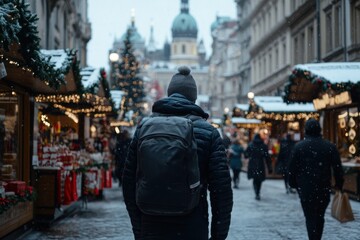 Obraz premium A traveler with a backpack leisurely explores a charming, snowy holiday market street, surrounded by bright lights, joyful decorations, and a bustling festive atmosphere.