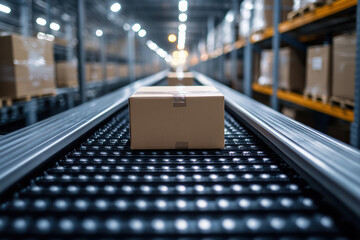 Cardboard box on conveyor belt in a warehouse, representing logistics, shipping, and packaging. Industrial interior with blurred background.