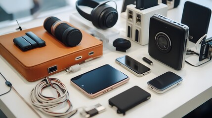 Travel Gadgets: A collection of essential travel gadgets, including a portable charger, power adapter, and travel-sized electronics
