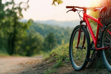 Fototapeta premium A bicycle leaning against a tree, representing physical activity as a key component in preventing cancer cancer prevention lifestyle