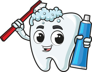 Cartoon tooth using toothbrush to brush itself vector illustration