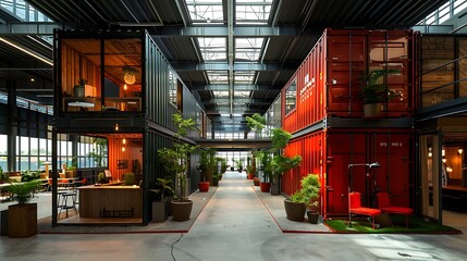 Repurposed shipping container office complex: An innovative office complex is constructed from repurposed shipping containers, combining industrial design with creative and sustainable use of 