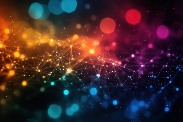 Vibrant, abstract digital background with glowing bokeh and geometric network, showcasing colorful data connections and futuristic tech.