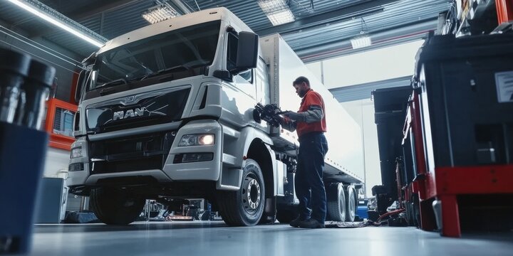 photo of mechanic repairing, servicing, cleaning truck, modern and clean workshop