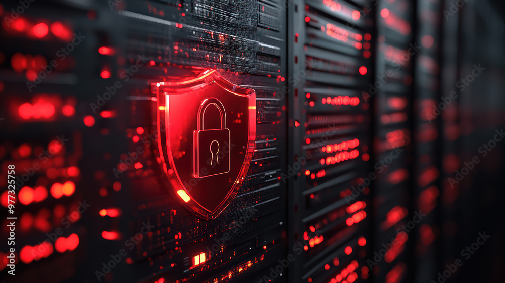 Poster digital security shield with a padlock glowing red in a data server room, representing cybersecurity