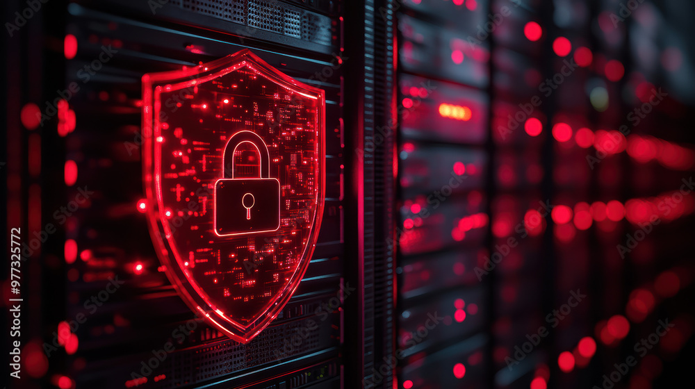 Poster secure data center with red shield and lock icon, representing cybersecurity and data protection in 