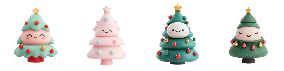 Cute and colorful Christmas trees with decorations and joyful expressions, perfect for festive holiday designs. isolated on a transparent background