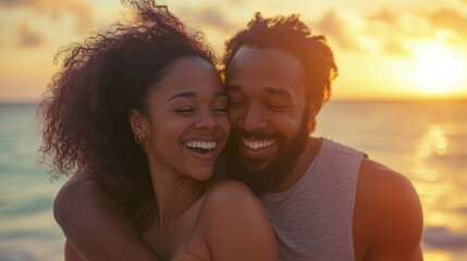 Obraz premium Joyful couple embracing by the ocean at sunset, enjoying a moment of happiness and affection