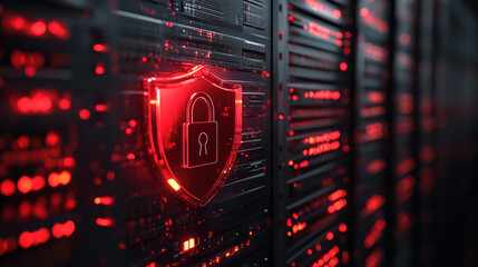 Digital security shield with a padlock glowing red in a data server room, representing cybersecurity and data protection.