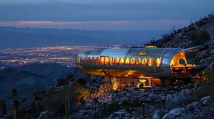Repurposed airplane fuselage restaurant on mountaintop: A decommissioned airplane fuselage is transformed into a quirky restaurant perched on a mountaintop, offering diners unparalleled views 