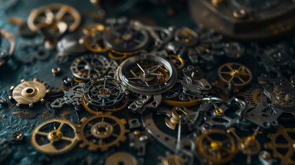 Intricate dismantled mechanical watch with detailed gears and springs on dark background, symbolizing precision and complexity in teardown analysis.