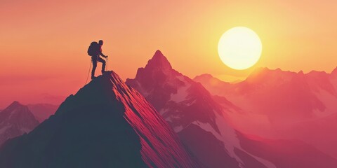 Fototapeta premium Landscape illustration of a man successfully climbing to the top of a snowy mountain, standing while enjoying the view of the afternoon sun