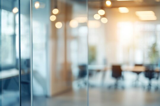 Fototapeta Blurred office interior background with a blurred door and glass wall, blurry bokeh light effect for a business concept design. High-quality photo, taken with a telephoto lens in realistic daylight.