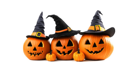 Set of scary Jack O Lantern Halloween pumpkins with witch hats on transparent background cutout. PNG file. Funny and spooky carved pumpkin.