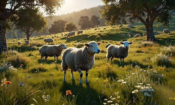 A herd of sheep foraging in a meadow