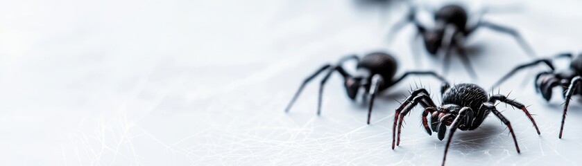 Fototapeta premium A close-up view of black spiders crawling on a light surface, showcasing their unique features and intricate details.