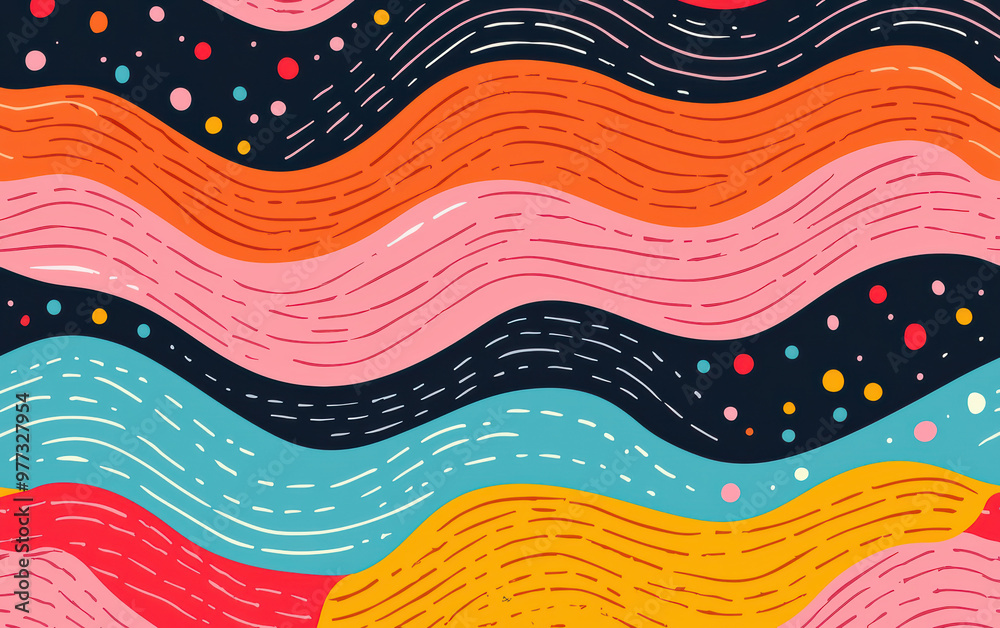 Poster abstract colorful wave pattern with vibrant curves and dots on a dark background. bright design for 