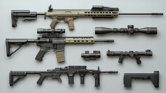 Collection of various rifles with scopes arranged on a flat surface in a well-lit space