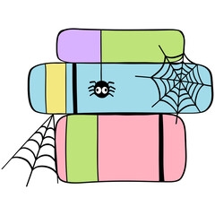 Colorful Halloween school supplies in a old book stack with a flat cartoon doodle design, set in funky classrooms for students