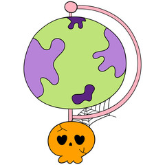 Colorful Halloween school supplies in a globe with a flat cartoon doodle design, set in funky classrooms for students