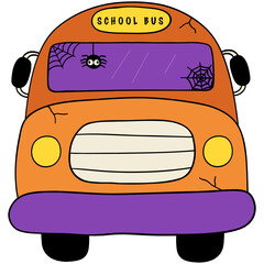 Colorful Halloween school supplies in a school bus with a flat cartoon doodle design, set in funky classrooms for students