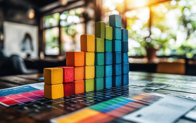 Colorful wooden blocks stacked in a bar graph shape on a table, with vibrant background in a cozy, well-lit cafe setting, symbolizing data growth.