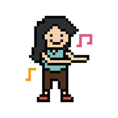 Obraz premium Cute pixel cartoon 8bit character woman exercises training dance lifestyle music decoration life style 8 bit female girl dance with music game fitness isolated PNG vector.