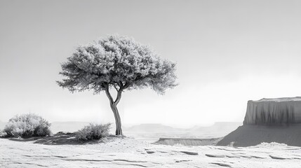Black and White Desert Landscape with Lone Tree