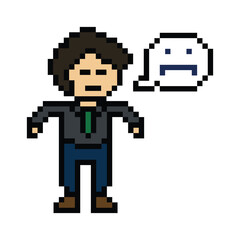 Obraz premium Pixel cartoon 8bit character man sad tired mood stress sick unhappy feel decoration 8 bit male boy bored feel with isolated PNG vector.