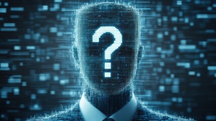 A digital representation of an anonymous figure with a question mark for a face, symbolizing mystery and digital identity.
