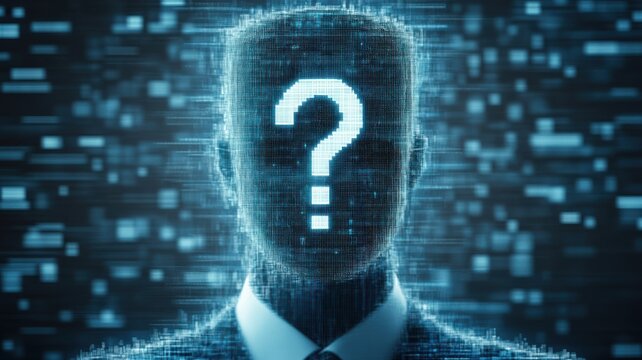 A digital representation of an anonymous figure with a question mark for a face, symbolizing mystery and digital identity.