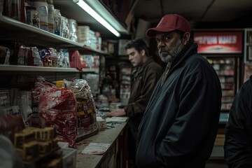 Fototapeta premium A stern man stands in a dimly lit aisle, eyeing products on the shelves around him. The scene reflects the gritty reality of everyday errands in urban life.