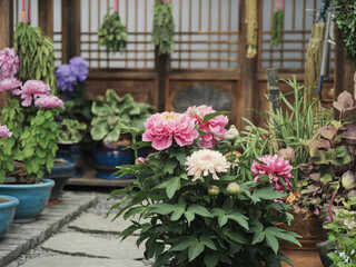 Fototapeta premium A vibrant Chinese medicinal herb garden featuring lush peonies and various plants, creating serene and colorful atmosphere. garden showcases traditional elements and rich greenery