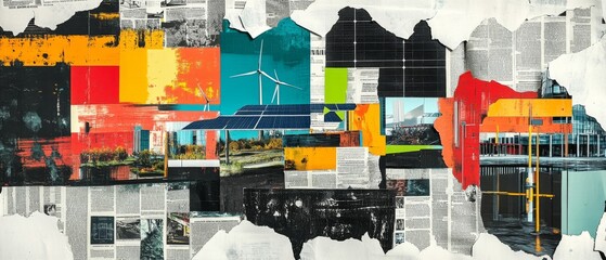 Fototapeta premium Abstract Collage with Renewable Energy Themes and Urban Elements in Vibrant Colors
