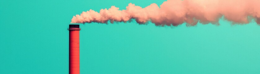 A vibrant image of an industrial smokestack emitting pink smoke against a teal background, highlighting environmental impact.