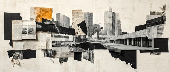 Abstract Urban Collage with Newspaper Clippings and Modern Cityscape Elements on Canvas