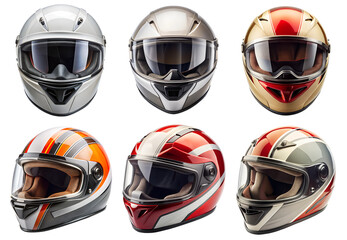 Fototapeta premium Set of motorcycle helmets on an isolated transparent background. Safety and protection concept.
