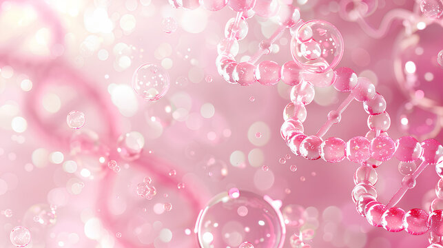 pink background with DNA helix and one large cell, glowing pink bubbles around the cells
