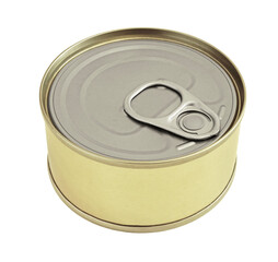 Sealed tin can with preserved food isolated on transparent background. One closed metal can
