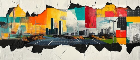 Vibrant Urban Landscape with Skyscrapers, Wind Turbines, and Solar Panels in Abstract Collage Art