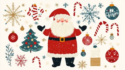 Festive Christmas Illustration with Santa Claus, Snowflakes, Candy Canes, Christmas Tree, and Ornaments