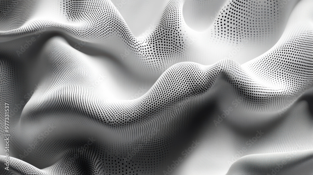 Poster abstract black and white wavy fabric texture with small dotted pattern, creating a dynamic and flowi