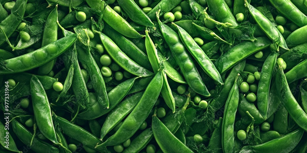 Canvas Prints A vibrant close-up of fresh green pea pods arranged neatly. The lush textures and colors create a natural and organic feel. Perfect for healthy eating themes and food photography. AI