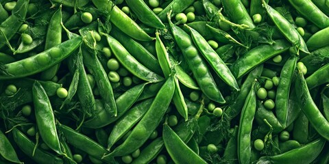 Fototapeta premium A vibrant close-up of fresh green pea pods arranged neatly. The lush textures and colors create a natural and organic feel. Perfect for healthy eating themes and food photography. AI