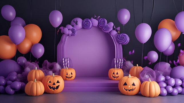Halloween background with pumpkin and black purpal and orange balloons Pumpkins on the decorated table for the halloween  Black and orange balloons, pumpkins, candles and skulls on orange background